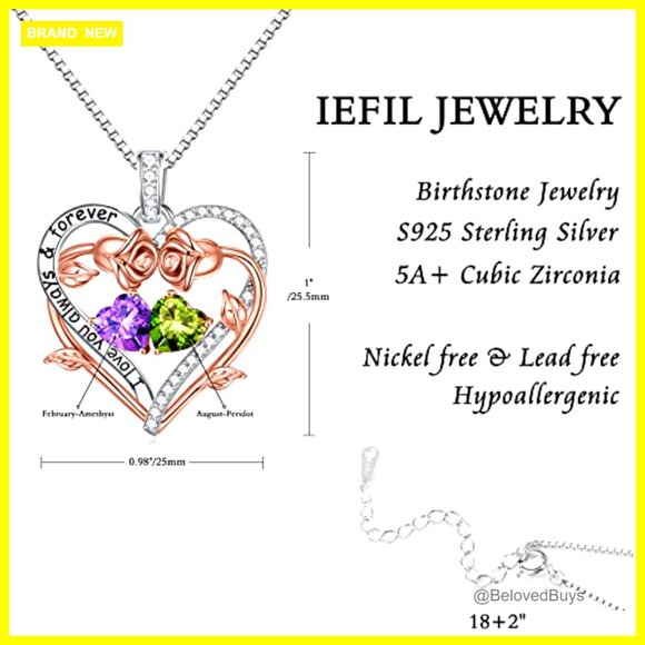 Sterling Silver Double Heart Birthstone Pendant Necklace Gift for Women - Picture 5 of 7